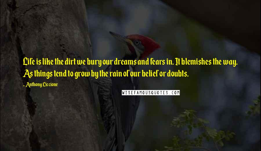 Anthony Liccione Quotes: Life is like the dirt we bury our dreams and fears in. It blemishes the way. As things tend to grow by the rain of our belief or doubts.