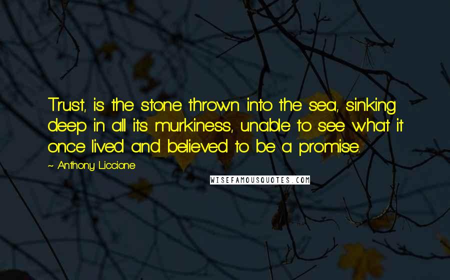 Anthony Liccione Quotes: Trust, is the stone thrown into the sea, sinking deep in all its murkiness, unable to see what it once lived and believed to be a promise.