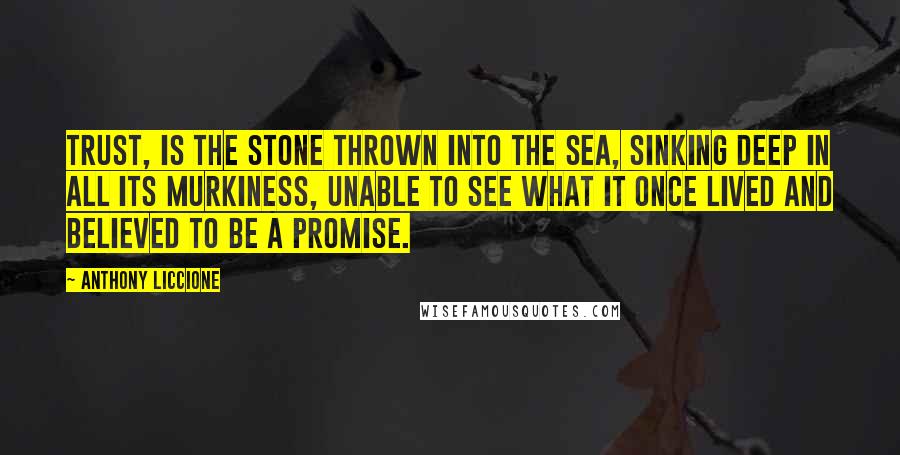 Anthony Liccione Quotes: Trust, is the stone thrown into the sea, sinking deep in all its murkiness, unable to see what it once lived and believed to be a promise.