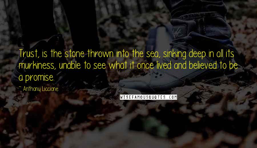 Anthony Liccione Quotes: Trust, is the stone thrown into the sea, sinking deep in all its murkiness, unable to see what it once lived and believed to be a promise.