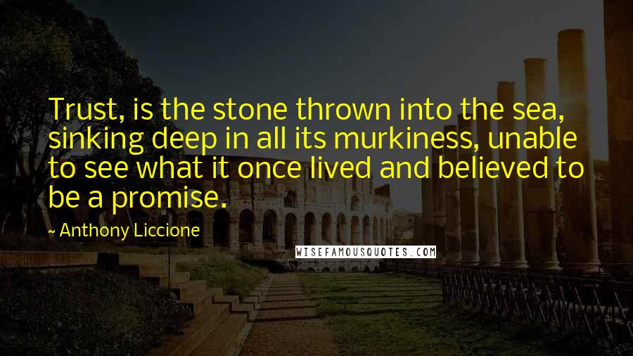 Anthony Liccione Quotes: Trust, is the stone thrown into the sea, sinking deep in all its murkiness, unable to see what it once lived and believed to be a promise.