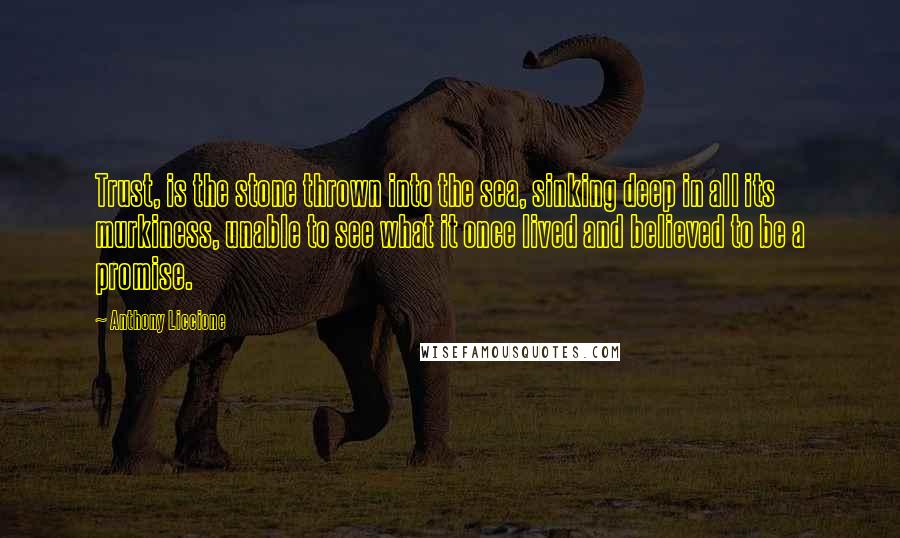 Anthony Liccione Quotes: Trust, is the stone thrown into the sea, sinking deep in all its murkiness, unable to see what it once lived and believed to be a promise.