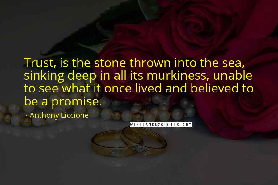 Anthony Liccione Quotes: Trust, is the stone thrown into the sea, sinking deep in all its murkiness, unable to see what it once lived and believed to be a promise.