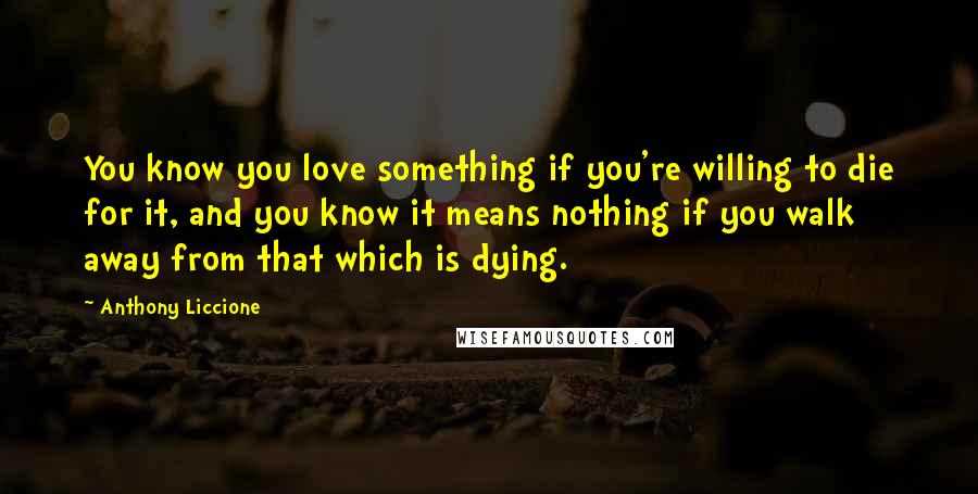 Anthony Liccione Quotes: You know you love something if you're willing to die for it, and you know it means nothing if you walk away from that which is dying.