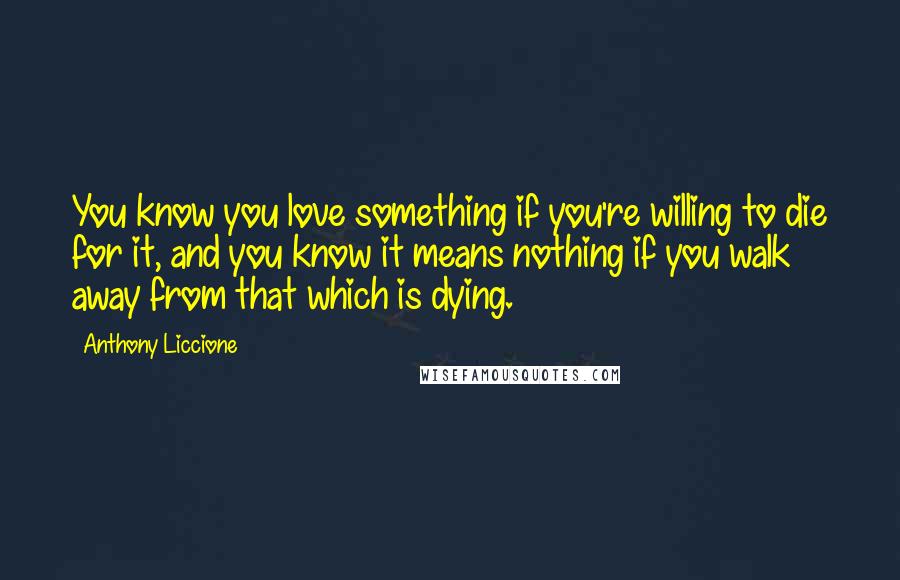 Anthony Liccione Quotes: You know you love something if you're willing to die for it, and you know it means nothing if you walk away from that which is dying.