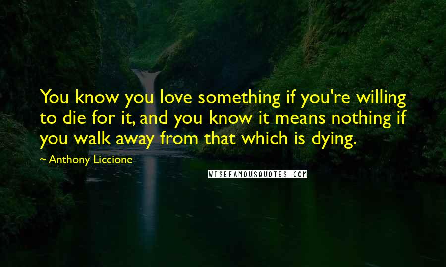 Anthony Liccione Quotes: You know you love something if you're willing to die for it, and you know it means nothing if you walk away from that which is dying.