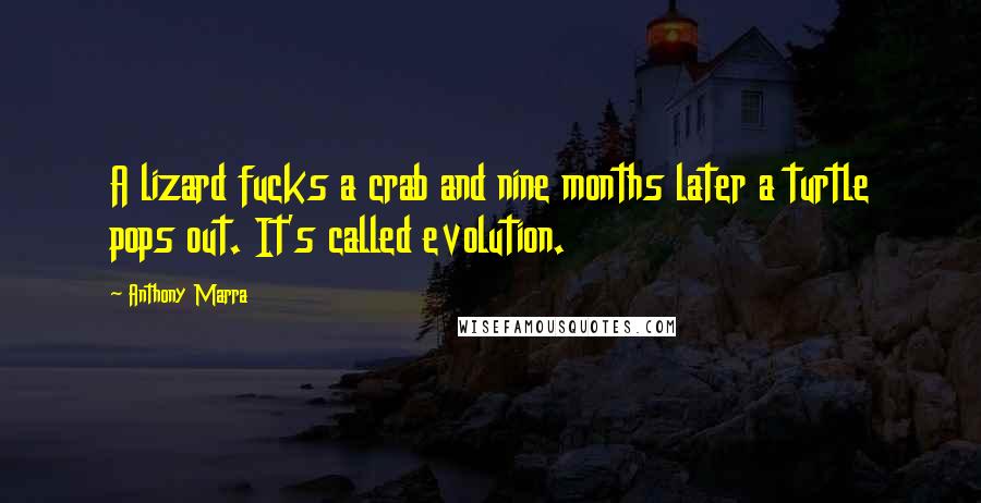 Anthony Marra Quotes: A lizard fucks a crab and nine months later a turtle pops out. It's called evolution.