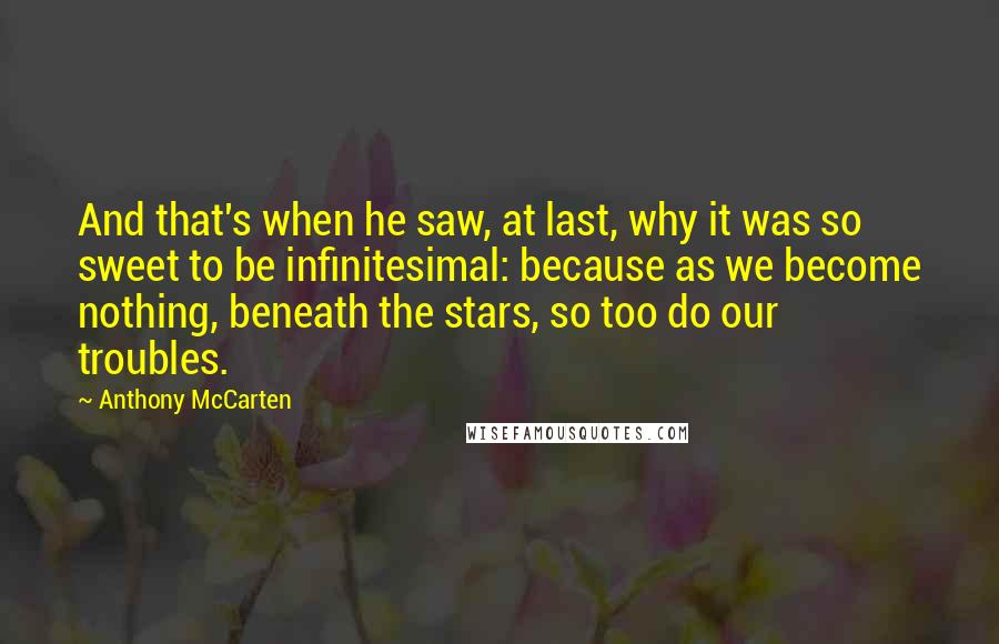 Anthony McCarten Quotes: And that's when he saw, at last, why it was so sweet to be infinitesimal: because as we become nothing, beneath the stars, so too do our troubles.