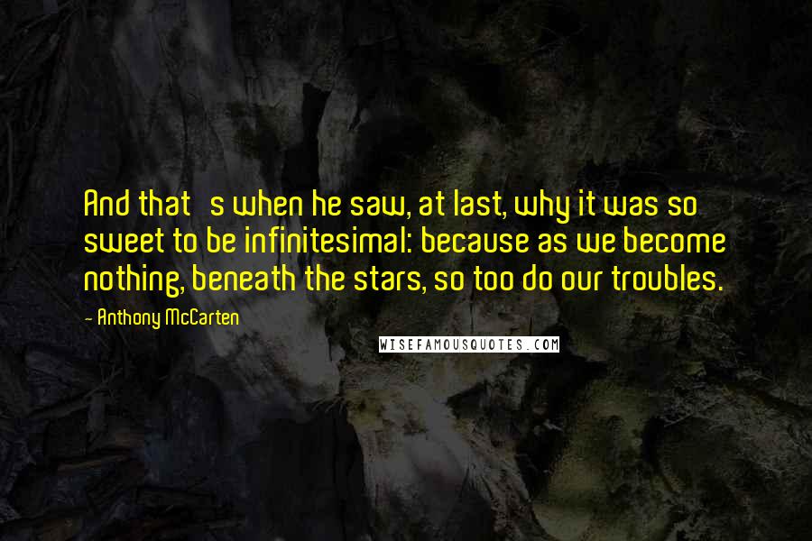 Anthony McCarten Quotes: And that's when he saw, at last, why it was so sweet to be infinitesimal: because as we become nothing, beneath the stars, so too do our troubles.