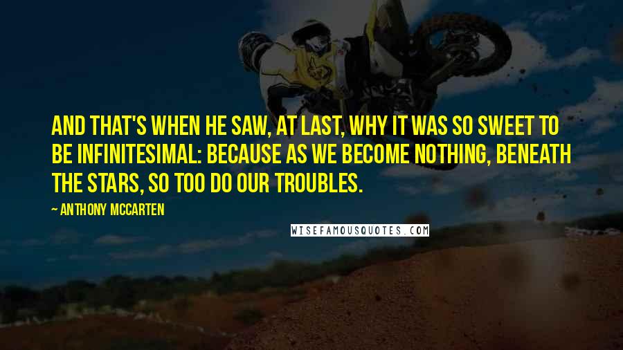 Anthony McCarten Quotes: And that's when he saw, at last, why it was so sweet to be infinitesimal: because as we become nothing, beneath the stars, so too do our troubles.