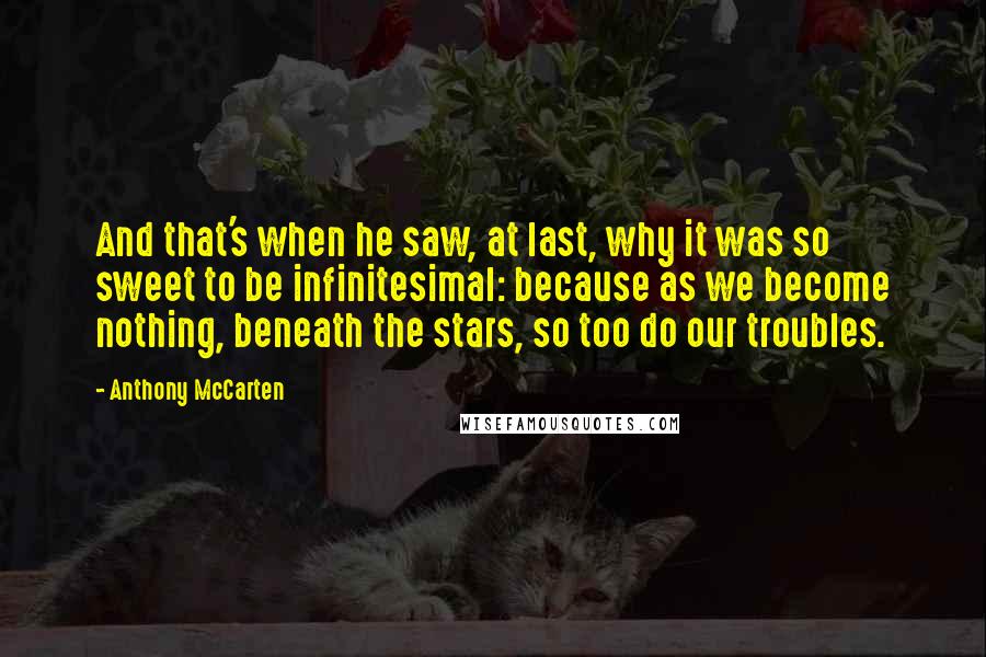 Anthony McCarten Quotes: And that's when he saw, at last, why it was so sweet to be infinitesimal: because as we become nothing, beneath the stars, so too do our troubles.