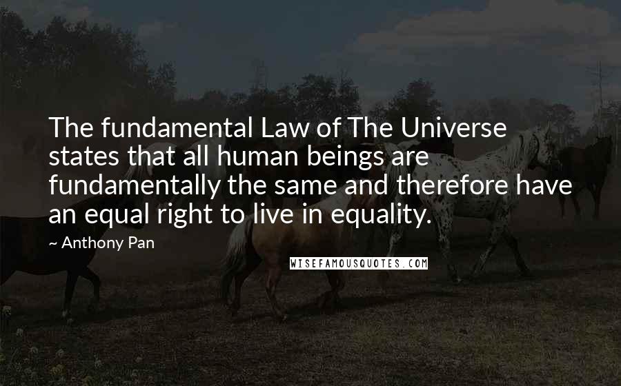 Anthony Pan Quotes: The fundamental Law of The Universe states that all human beings are fundamentally the same and therefore have an equal right to live in equality.