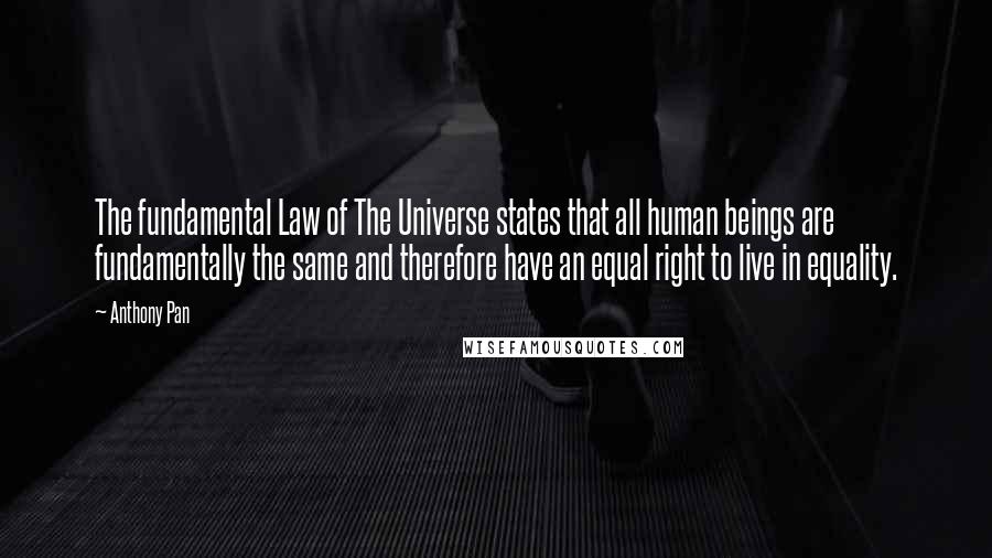Anthony Pan Quotes: The fundamental Law of The Universe states that all human beings are fundamentally the same and therefore have an equal right to live in equality.