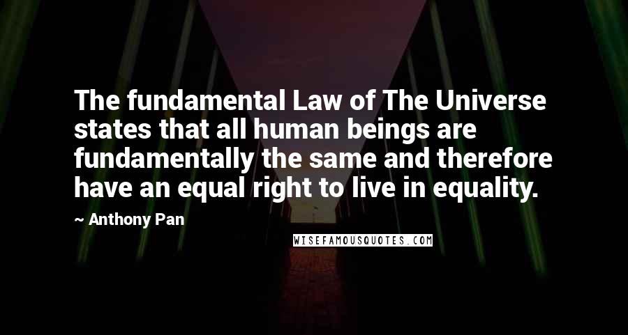 Anthony Pan Quotes: The fundamental Law of The Universe states that all human beings are fundamentally the same and therefore have an equal right to live in equality.