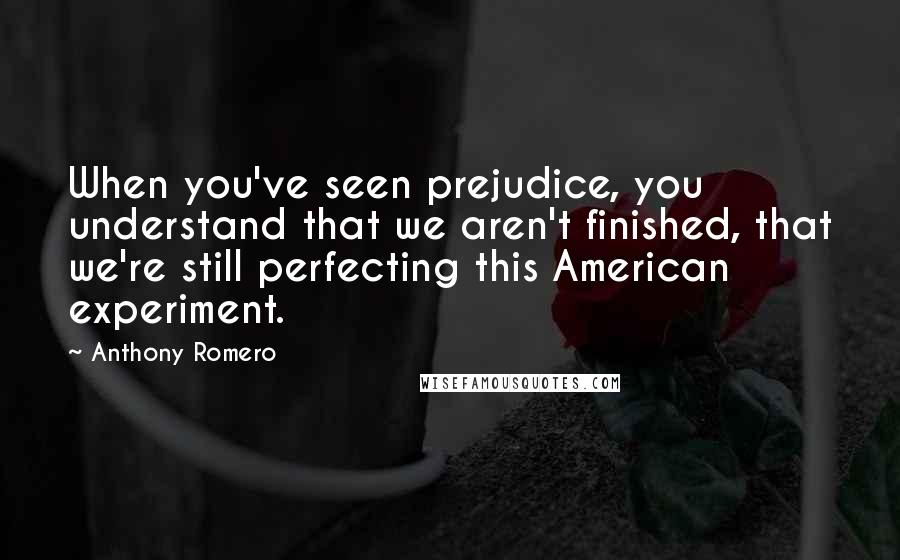 Anthony Romero Quotes: When you've seen prejudice, you understand that we aren't finished, that we're still perfecting this American experiment.