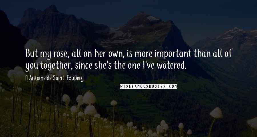 Antoine De Saint-Exupery Quotes: But my rose, all on her own, is more important than all of you together, since she's the one I've watered.