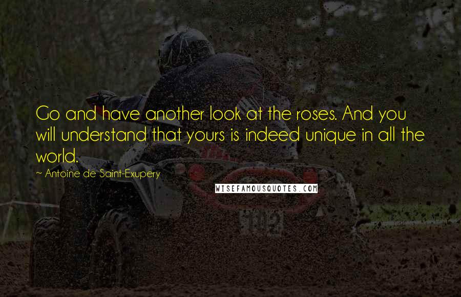 Antoine De Saint-Exupery Quotes: Go and have another look at the roses. And you will understand that yours is indeed unique in all the world.