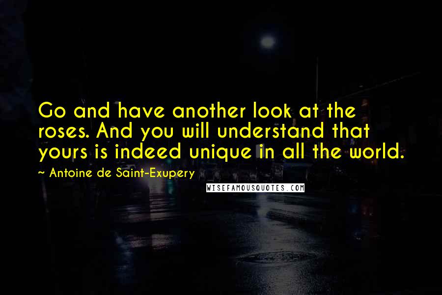 Antoine De Saint-Exupery Quotes: Go and have another look at the roses. And you will understand that yours is indeed unique in all the world.