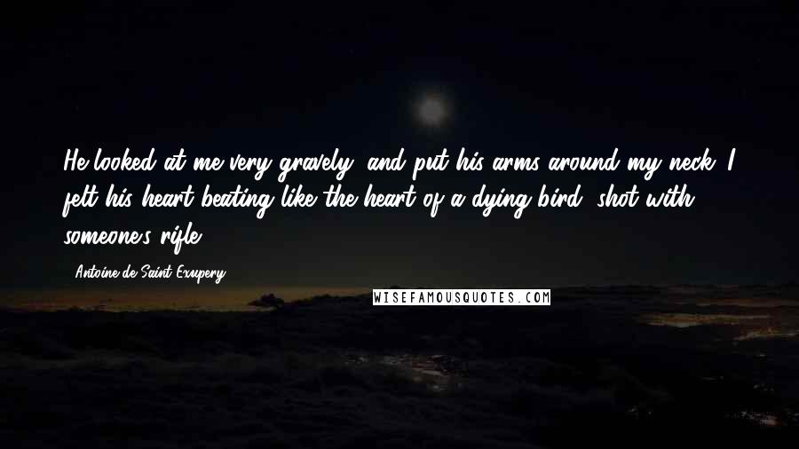 Antoine De Saint-Exupery Quotes: He looked at me very gravely, and put his arms around my neck. I felt his heart beating like the heart of a dying bird, shot with someone's rifle ...