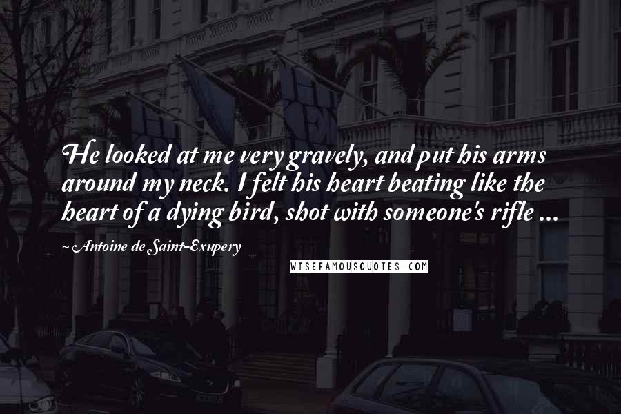Antoine De Saint-Exupery Quotes: He looked at me very gravely, and put his arms around my neck. I felt his heart beating like the heart of a dying bird, shot with someone's rifle ...