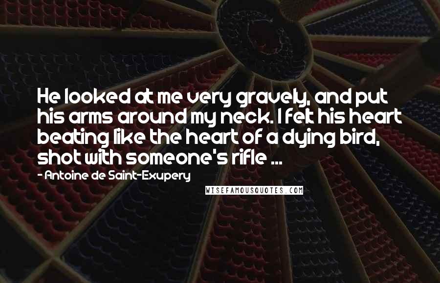 Antoine De Saint-Exupery Quotes: He looked at me very gravely, and put his arms around my neck. I felt his heart beating like the heart of a dying bird, shot with someone's rifle ...