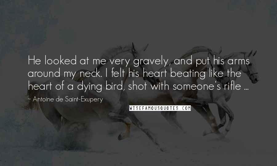 Antoine De Saint-Exupery Quotes: He looked at me very gravely, and put his arms around my neck. I felt his heart beating like the heart of a dying bird, shot with someone's rifle ...