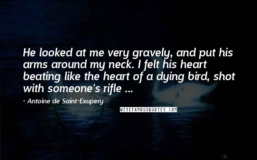 Antoine De Saint-Exupery Quotes: He looked at me very gravely, and put his arms around my neck. I felt his heart beating like the heart of a dying bird, shot with someone's rifle ...