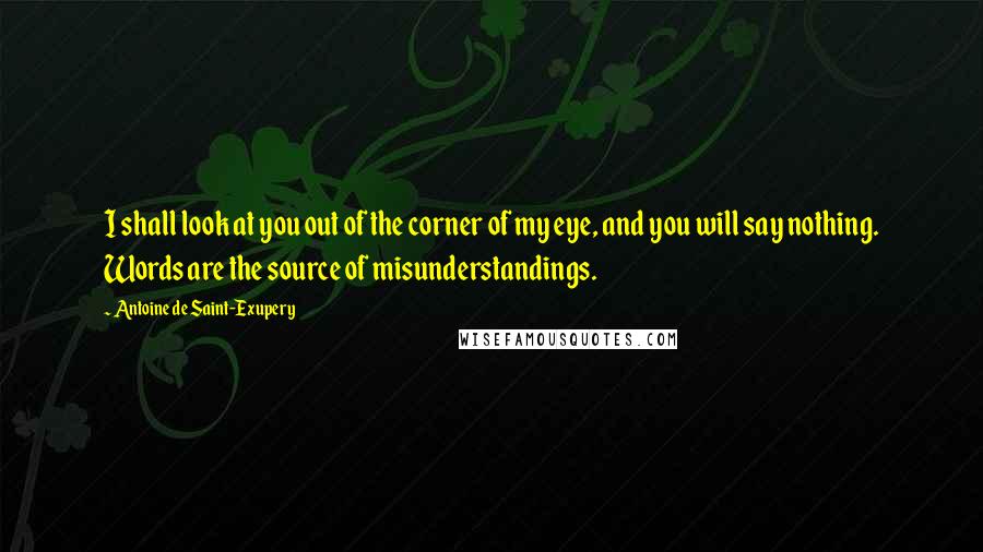 Antoine De Saint-Exupery Quotes: I shall look at you out of the corner of my eye, and you will say nothing. Words are the source of misunderstandings.