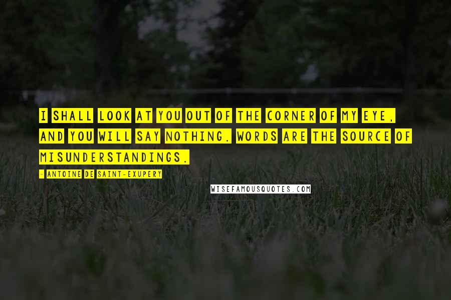 Antoine De Saint-Exupery Quotes: I shall look at you out of the corner of my eye, and you will say nothing. Words are the source of misunderstandings.