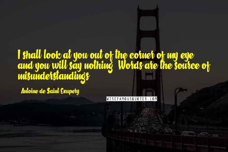 Antoine De Saint-Exupery Quotes: I shall look at you out of the corner of my eye, and you will say nothing. Words are the source of misunderstandings.