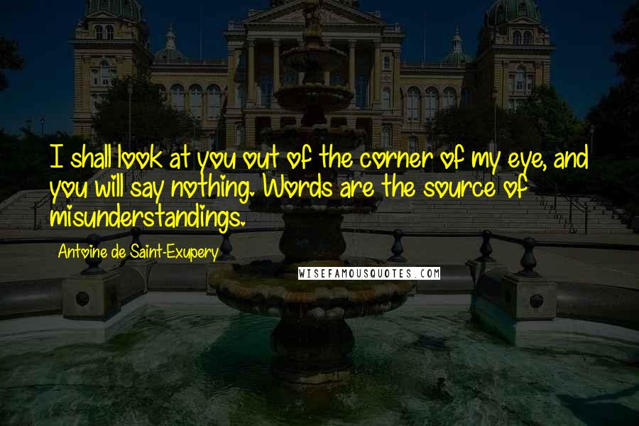 Antoine De Saint-Exupery Quotes: I shall look at you out of the corner of my eye, and you will say nothing. Words are the source of misunderstandings.