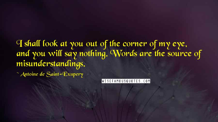 Antoine De Saint-Exupery Quotes: I shall look at you out of the corner of my eye, and you will say nothing. Words are the source of misunderstandings.