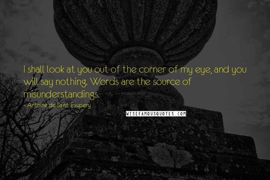 Antoine De Saint-Exupery Quotes: I shall look at you out of the corner of my eye, and you will say nothing. Words are the source of misunderstandings.