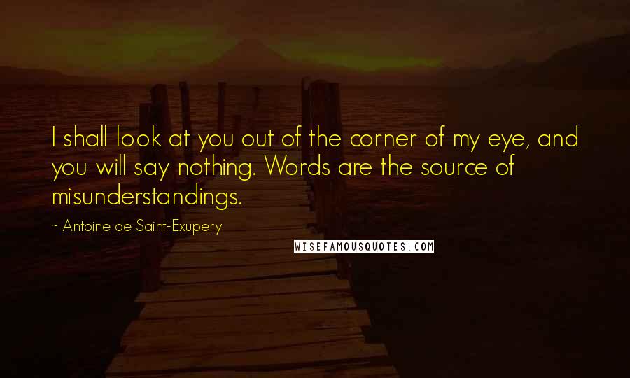 Antoine De Saint-Exupery Quotes: I shall look at you out of the corner of my eye, and you will say nothing. Words are the source of misunderstandings.