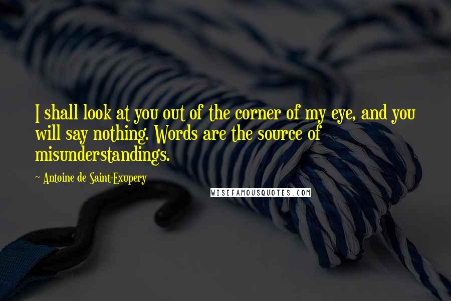 Antoine De Saint-Exupery Quotes: I shall look at you out of the corner of my eye, and you will say nothing. Words are the source of misunderstandings.