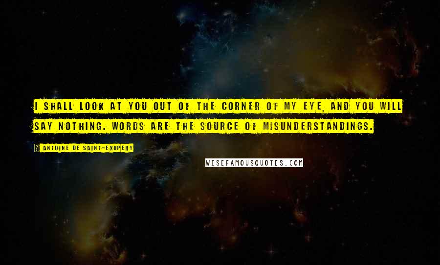 Antoine De Saint-Exupery Quotes: I shall look at you out of the corner of my eye, and you will say nothing. Words are the source of misunderstandings.