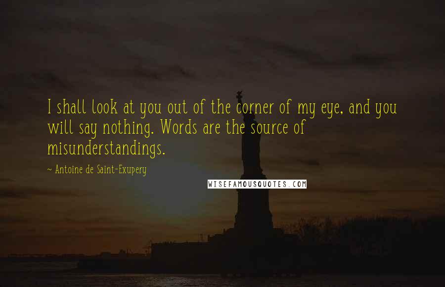 Antoine De Saint-Exupery Quotes: I shall look at you out of the corner of my eye, and you will say nothing. Words are the source of misunderstandings.
