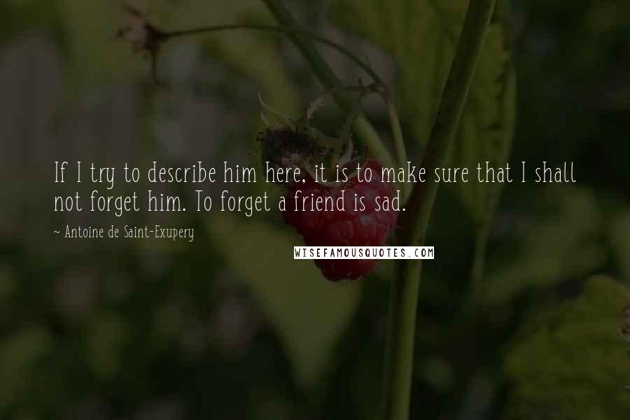 Antoine De Saint-Exupery Quotes: If I try to describe him here, it is to make sure that I shall not forget him. To forget a friend is sad.