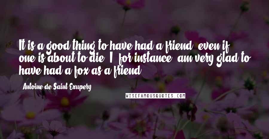 Antoine De Saint-Exupery Quotes: It is a good thing to have had a friend, even if one is about to die. I, for instance, am very glad to have had a fox as a friend .