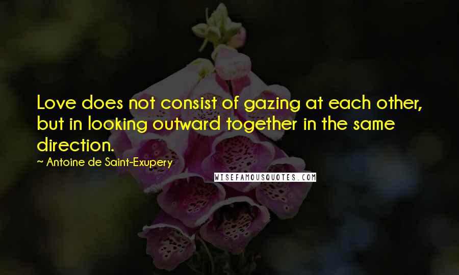 Antoine De Saint-Exupery Quotes: Love does not consist of gazing at each other, but in looking outward together in the same direction.