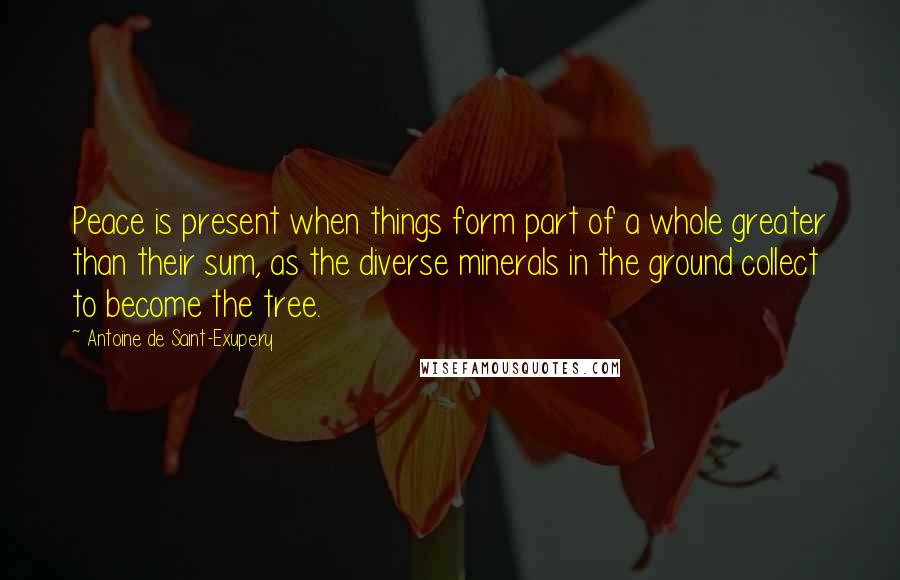 Antoine De Saint-Exupery Quotes: Peace is present when things form part of a whole greater than their sum, as the diverse minerals in the ground collect to become the tree.