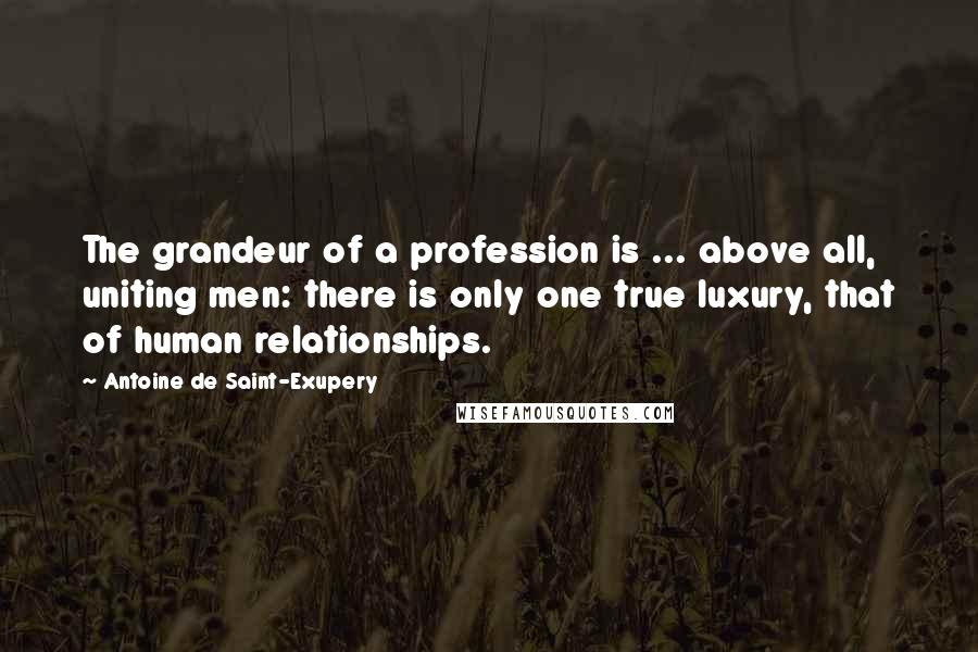 Antoine De Saint-Exupery Quotes: The grandeur of a profession is ... above all, uniting men: there is only one true luxury, that of human relationships.