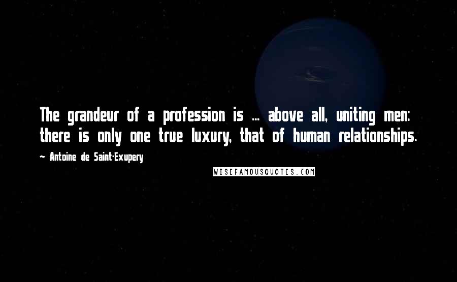 Antoine De Saint-Exupery Quotes: The grandeur of a profession is ... above all, uniting men: there is only one true luxury, that of human relationships.