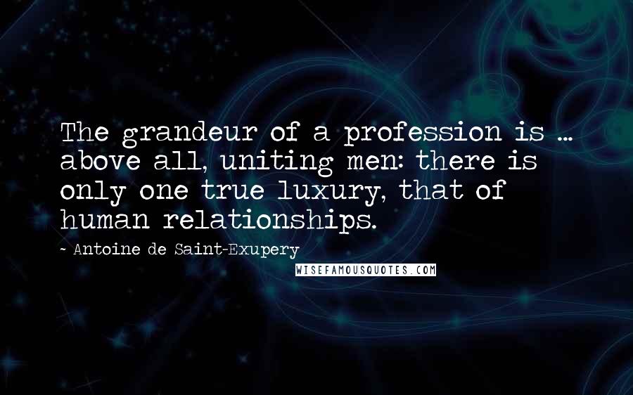 Antoine De Saint-Exupery Quotes: The grandeur of a profession is ... above all, uniting men: there is only one true luxury, that of human relationships.