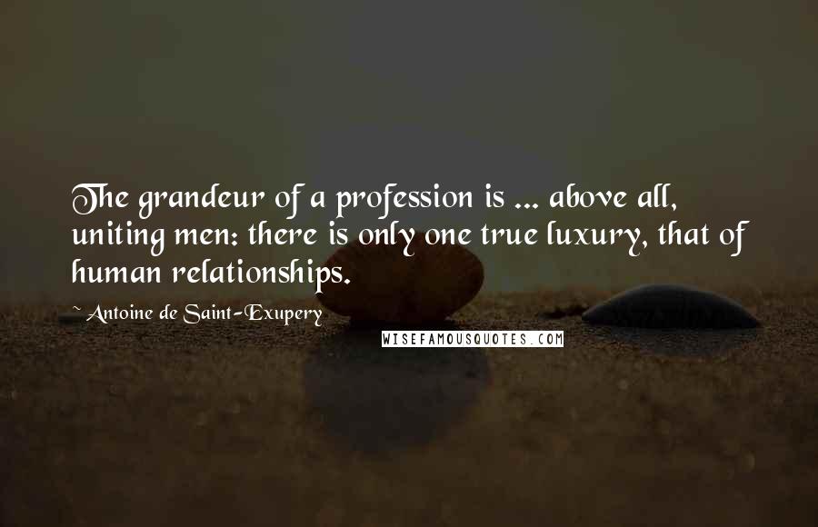 Antoine De Saint-Exupery Quotes: The grandeur of a profession is ... above all, uniting men: there is only one true luxury, that of human relationships.