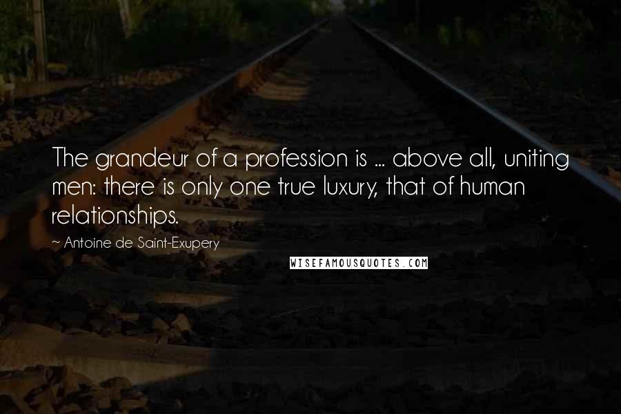 Antoine De Saint-Exupery Quotes: The grandeur of a profession is ... above all, uniting men: there is only one true luxury, that of human relationships.