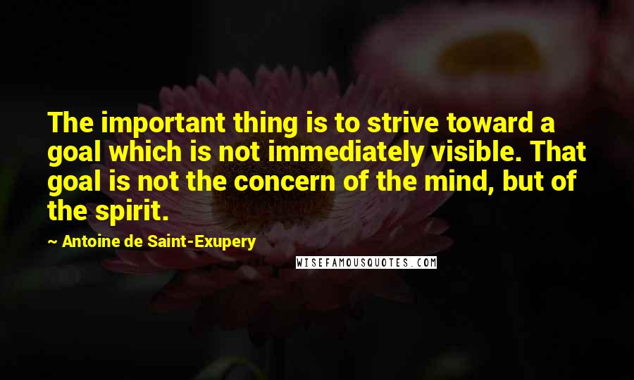 Antoine De Saint-Exupery Quotes: The important thing is to strive toward a goal which is not immediately visible. That goal is not the concern of the mind, but of the spirit.