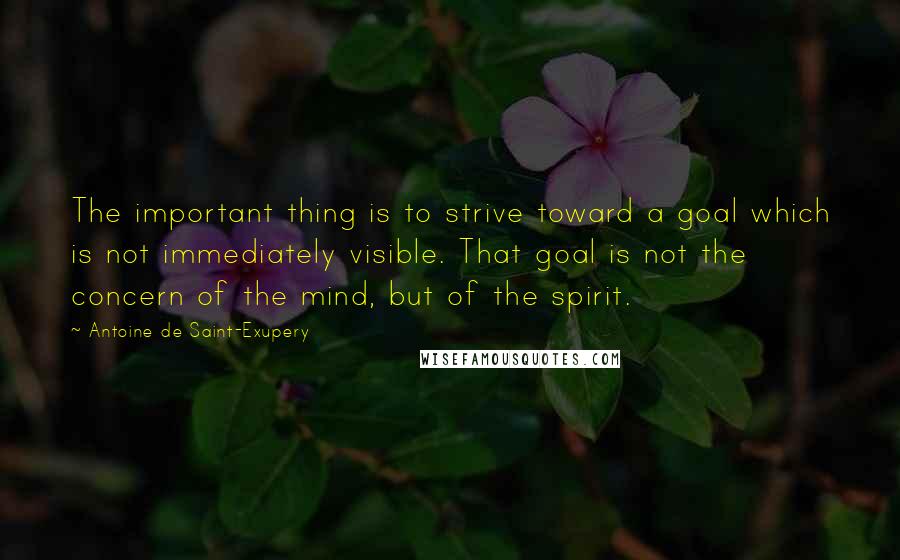 Antoine De Saint-Exupery Quotes: The important thing is to strive toward a goal which is not immediately visible. That goal is not the concern of the mind, but of the spirit.