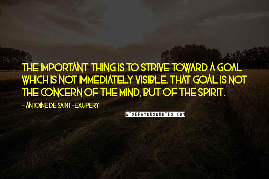 Antoine De Saint-Exupery Quotes: The important thing is to strive toward a goal which is not immediately visible. That goal is not the concern of the mind, but of the spirit.