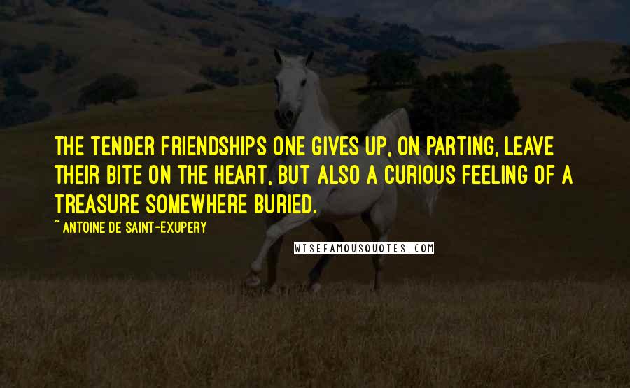 Antoine De Saint-Exupery Quotes: The tender friendships one gives up, on parting, leave their bite on the heart, but also a curious feeling of a treasure somewhere buried.